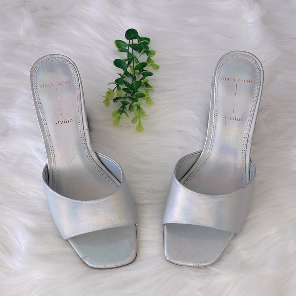 BLACK SUEDE STUDIO “Paola” Wedge Sandal Holographic‎ Silver